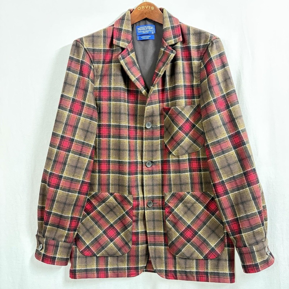 Vintage Pendleton Fitted Pure Virgin Wool Blazer‎ Red Tartan Plaid USA Made Sz S